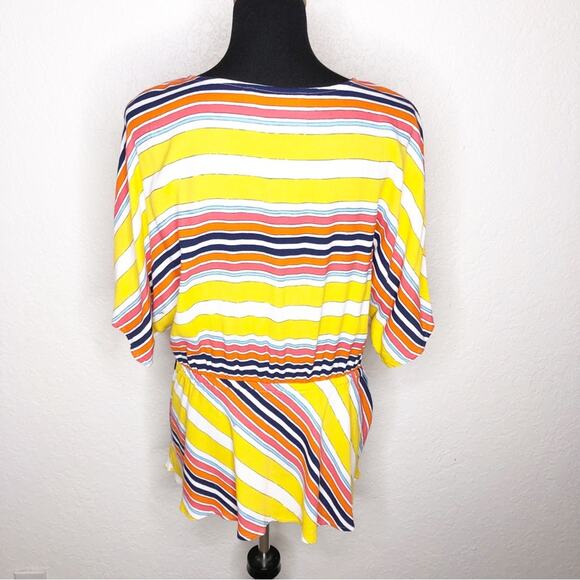 Trina Turk yellow orange white striped peplum faux wrap top size Extra Large XL - Picture 13 of 13